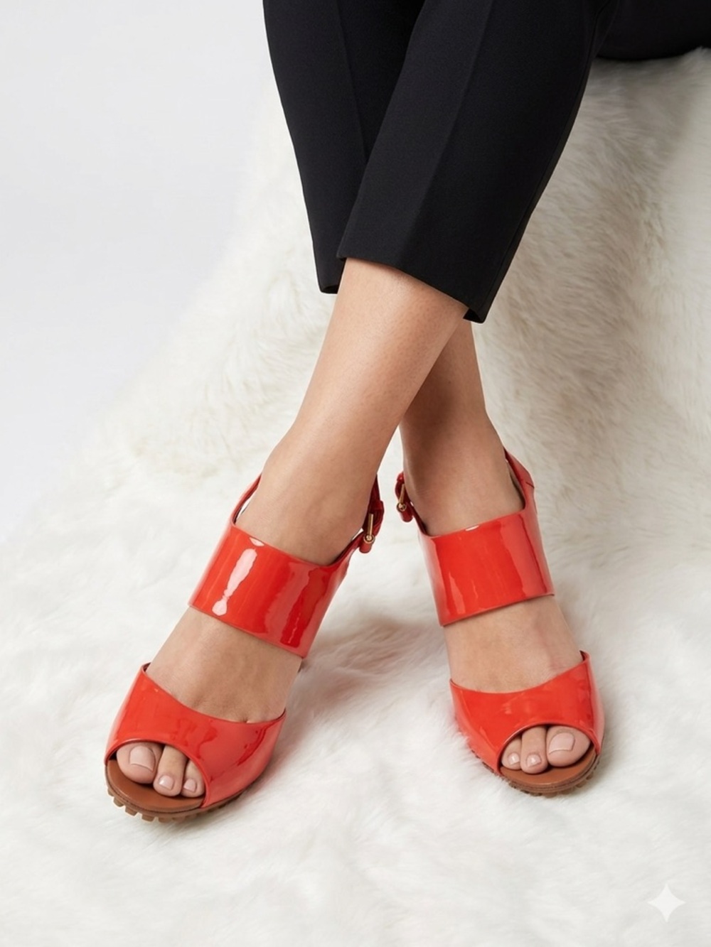 BCBG MAX AZRIA Charol Red Coral  Patent Leather High Heel Sandals - Women.